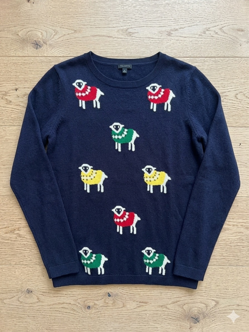 Talbots Navy Sweater with Red, Green & Yellow Sheep Motif